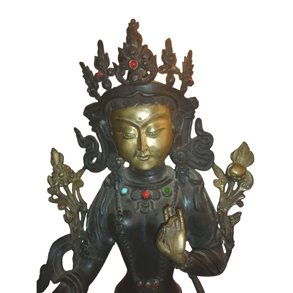 Antique Sino Tibetan Bronze Brass Green Tara Statue Seated Bodhisattva 16" 11 lb